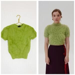Vintage Y2K Broadway 38 Lime Green Fuzzy Short Sleeve Sweater Size XS Whimsigoth